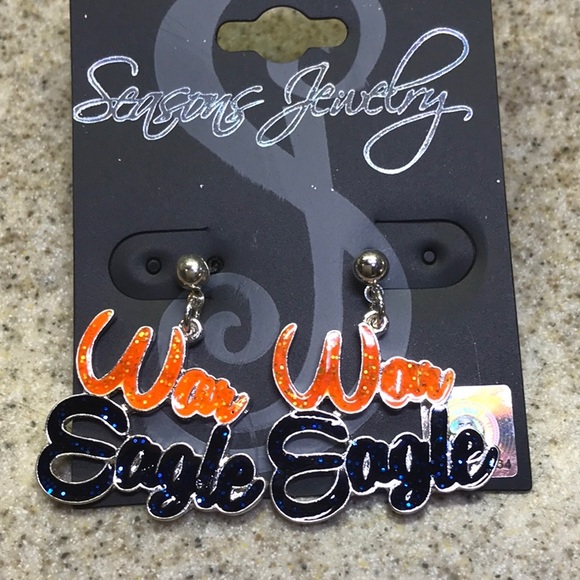 Seasons Jewelry - War Eagle Pierced Earrings. Silver, Orange /Blue